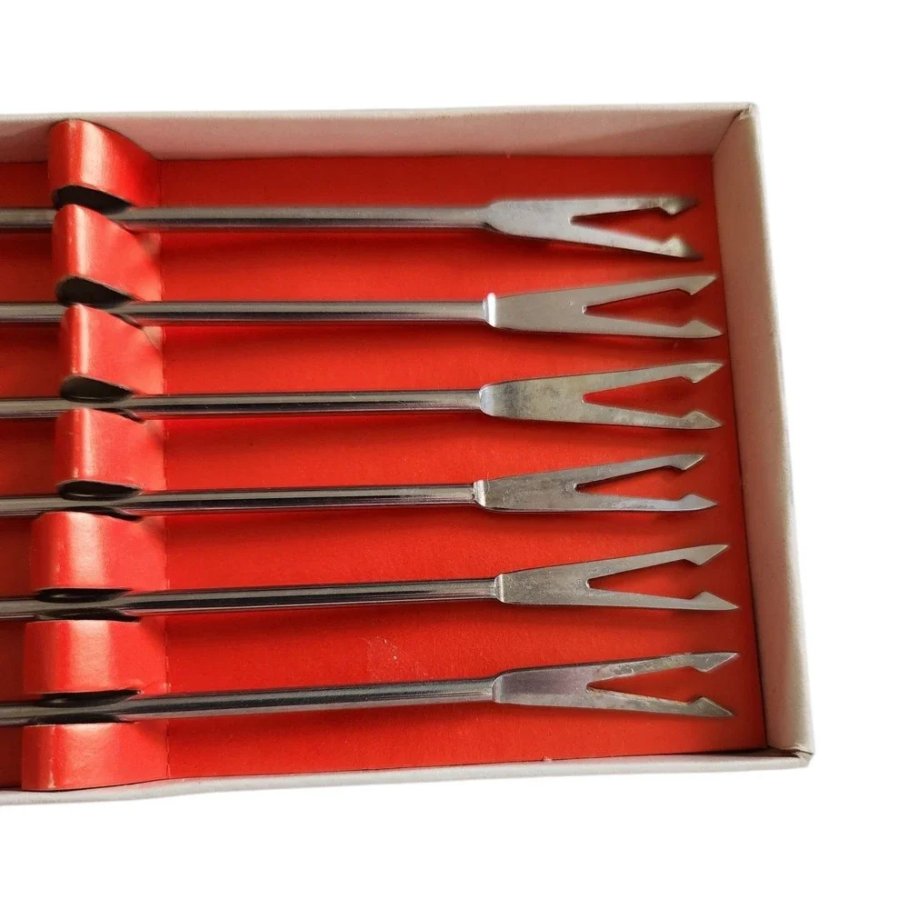Vintage Set of 6 Fondue Forks Japan Stainless Steel Teak Wood MCM Colored‎ Tips